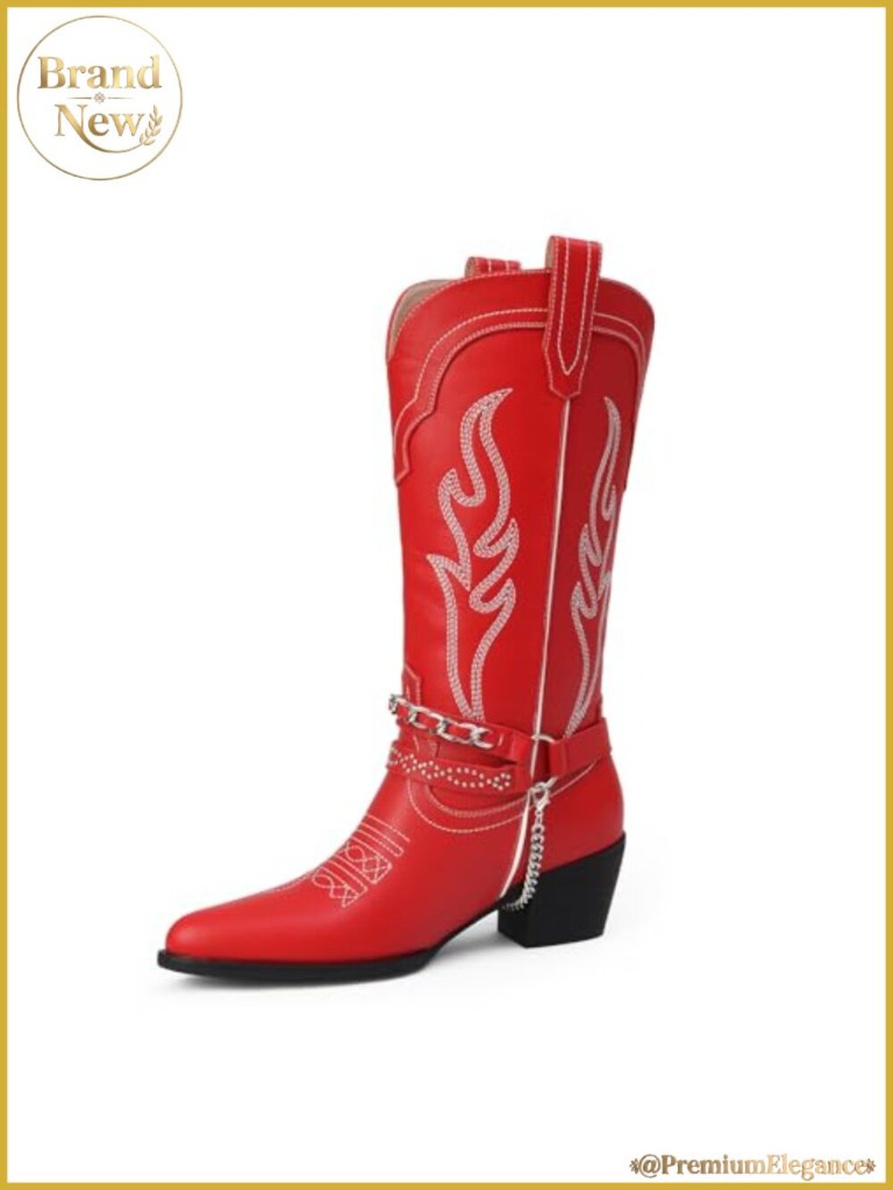 Women's Western Cowboy Boots Faux Leather Pointy Toe Mid Calf Chain Embroidered